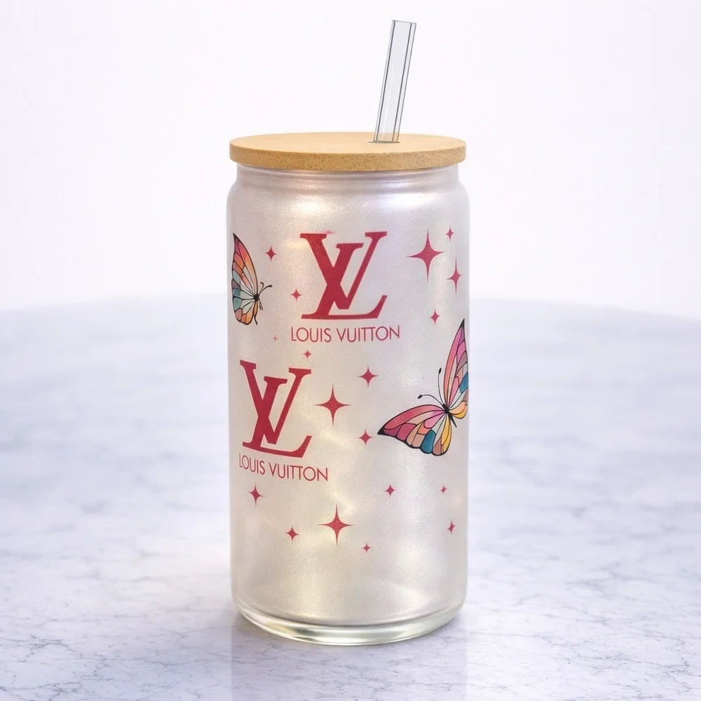 Handmade Butterfly Shimmer 16 oz Glass Tumbler with Straw